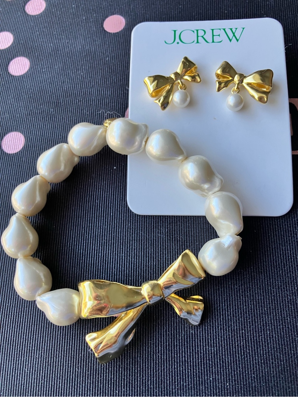 NWT J. Crew Gold Bow and Ivory Pearl Bracelet with Matching Earrings
